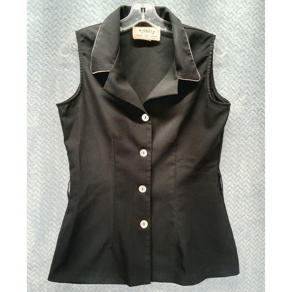 Tickets Clothing Black Sleeveless Button Down Collared Top with Contrast Piping